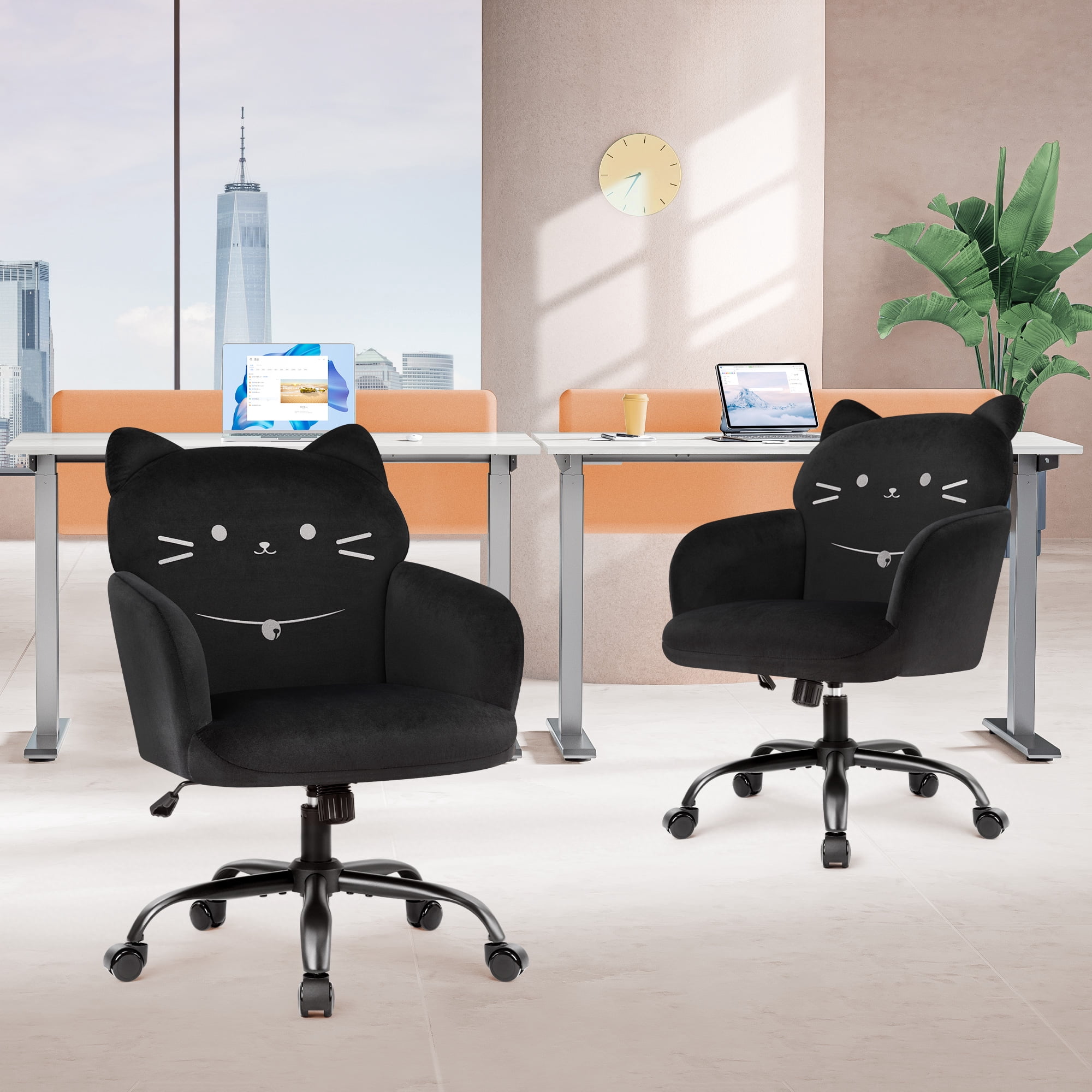 Ergonomic Office Chair for Women  Cute Pet Cat Themed, Velvet Upholstered, Wide Seat, Tufted Desk Chair for Bedroom Study