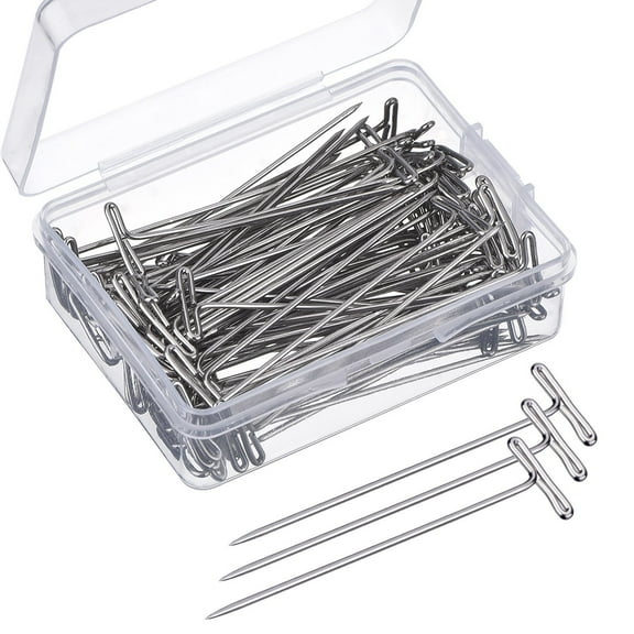 100Pcs 2 inch Wig T-Pins Stainless Steel Wig Pins for Wigs Foam Head, T Pins for Sewing, Wig T Pins, Blocking Pins, T Pins for Office Wall with Plastic Box