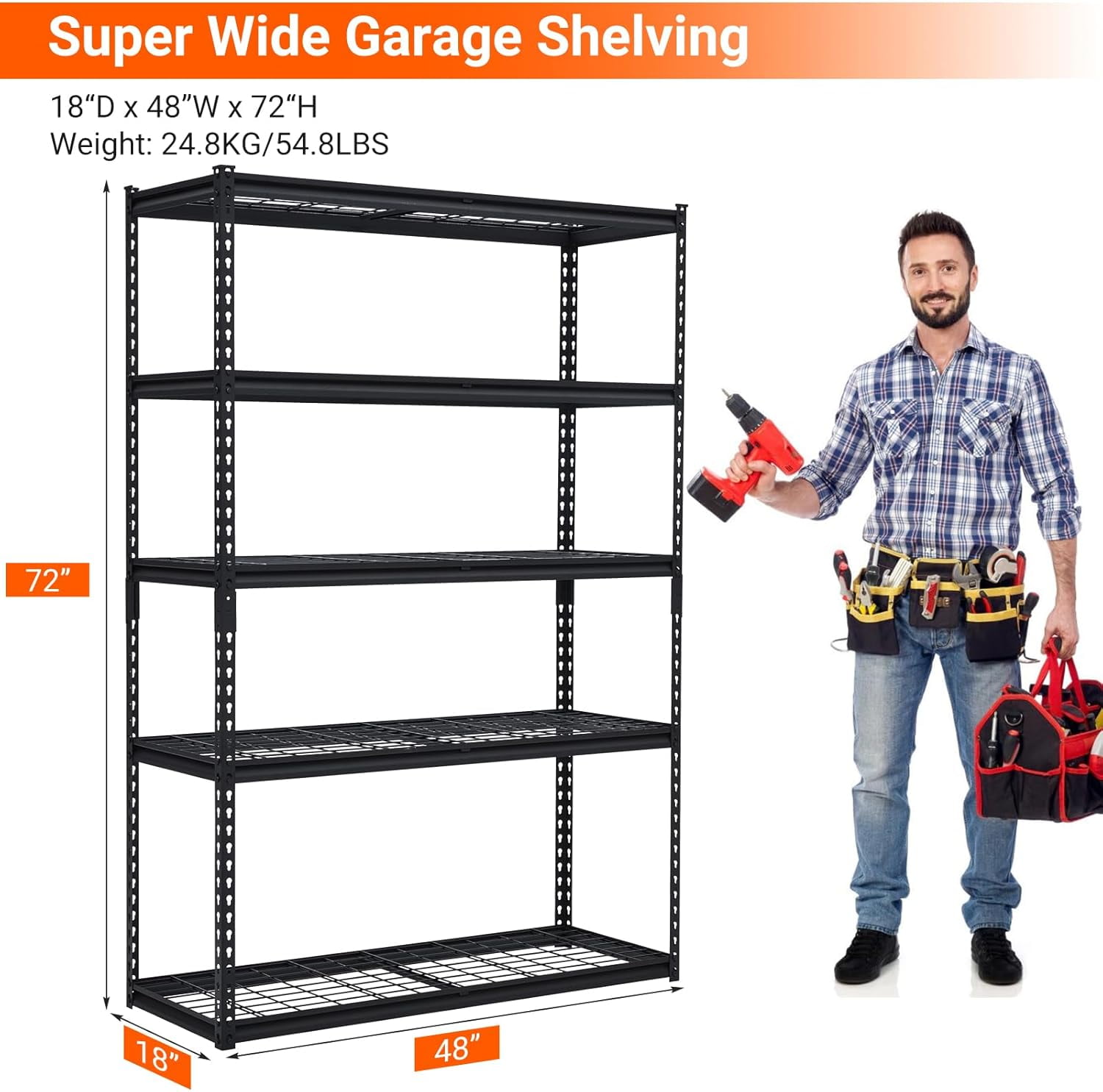 Garage Shelving, Heavy Duty Garage Shelving 48" L x 18" W x 72" H, 2500lbs Load Bearing Storage Shelves Adjustable, Durable Metal Storage Shelves, Easy Assemble for Garage, Basement