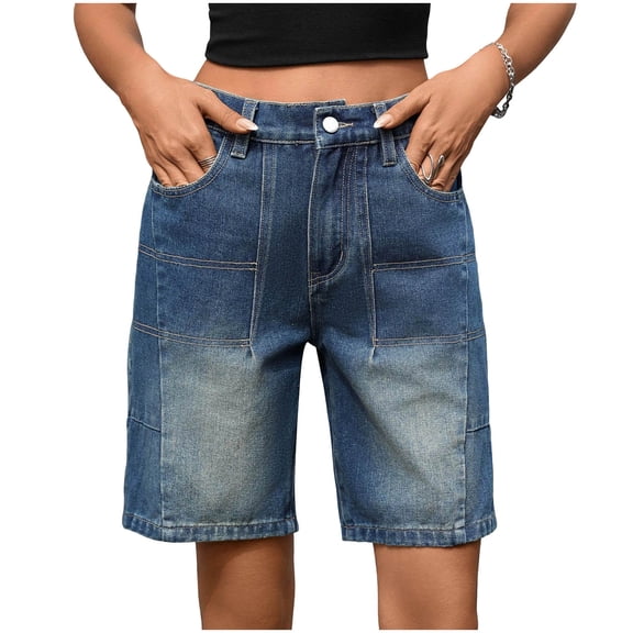 Idoravan Denim Shorts Women 7 Inch Jean Shorts Womens Women's Button Solid Color Pants Pocket Elastic Waist Jeans Shorts