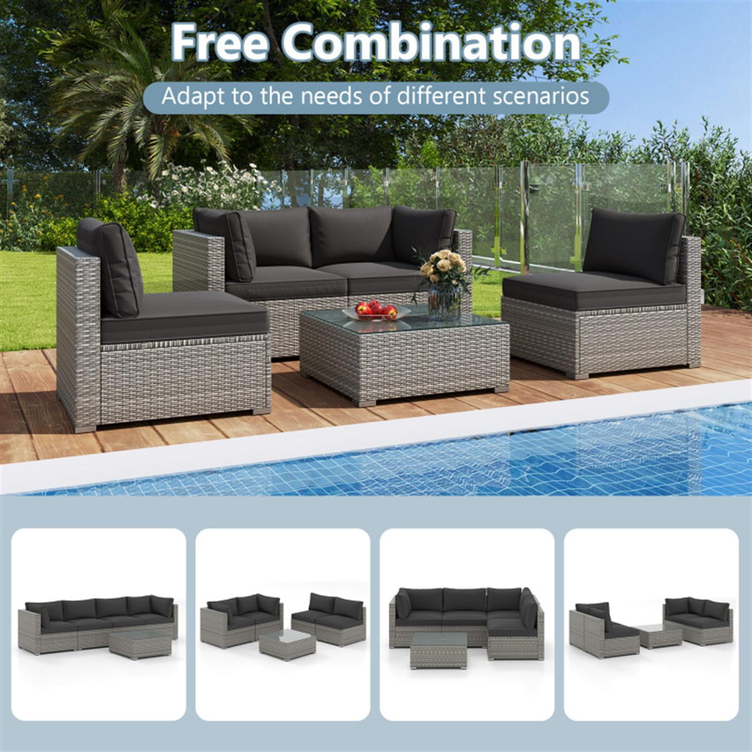 Demi Bonn 5-Piece Outdoor Patio Furniture Sets Sectional Sofa Couch and Glass Coffee Table with Cushions for Yard, Pool or Backyard, Black