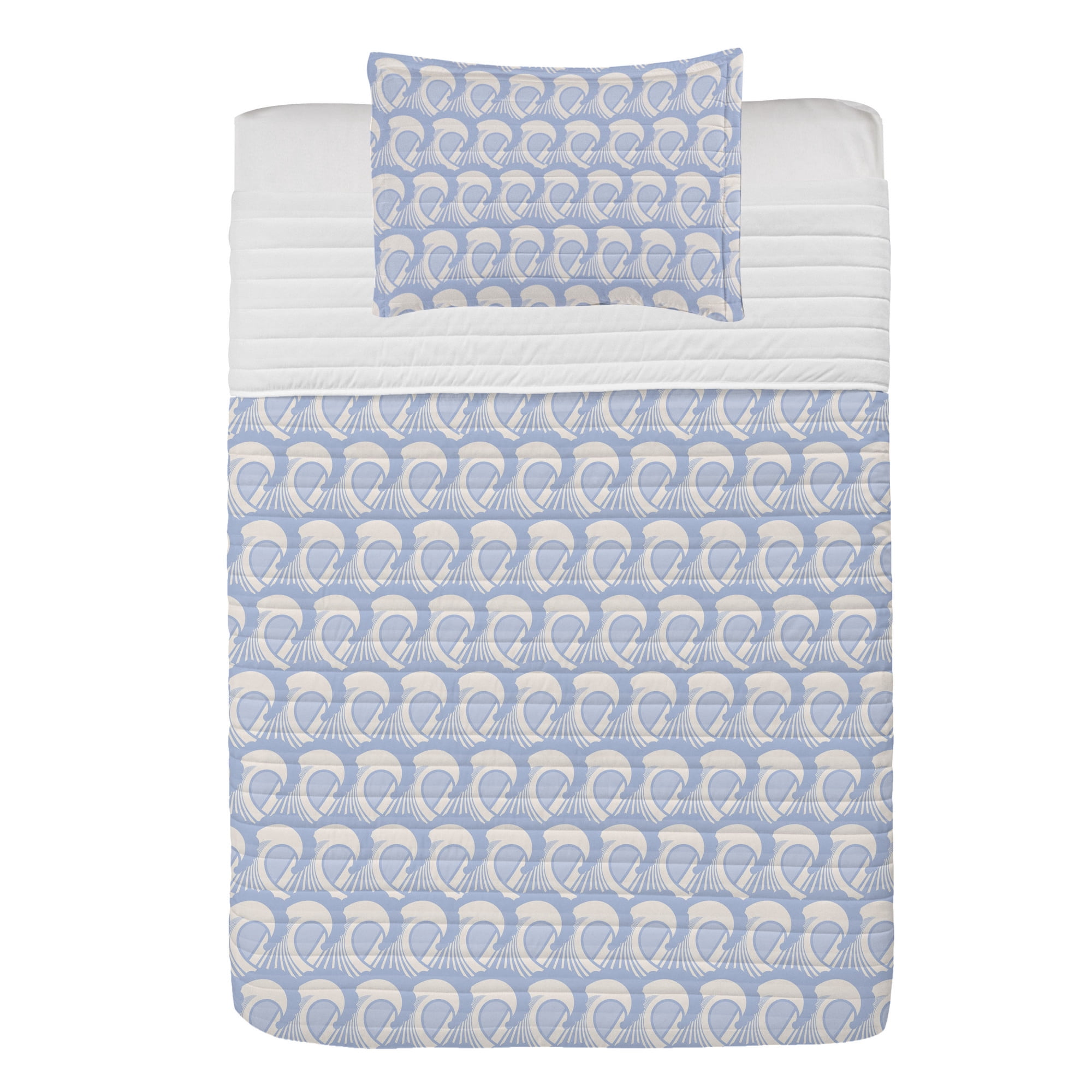 Wave Microfiber Bedspread Set, Pattern with Abstract Sea Waves Oceanic Motifs Curlicues in Retro Style, Soft Bedding Set with Pillow Shams & Comforter, 3 Sizes, Pale Ceil Blue and White, by Ambesonne