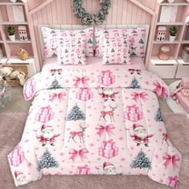 Feelyou Merry Christmas Child Twin Bedding Sets 7-Piece, Pink Princess Bowknot Bedding Comforter Set, Reindeer Santa Claus Reversible Sheet Sets, Super Cozy Room Decor