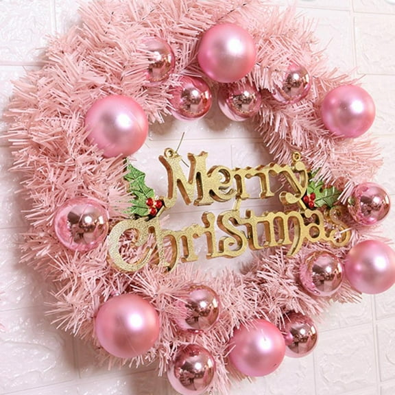 Orchip Christmas Wreaths for Front Door Outside Pink 12 inch,Merry Christmas with Christmas Balls Bownet Garland Hoilday Home Hanging Decor