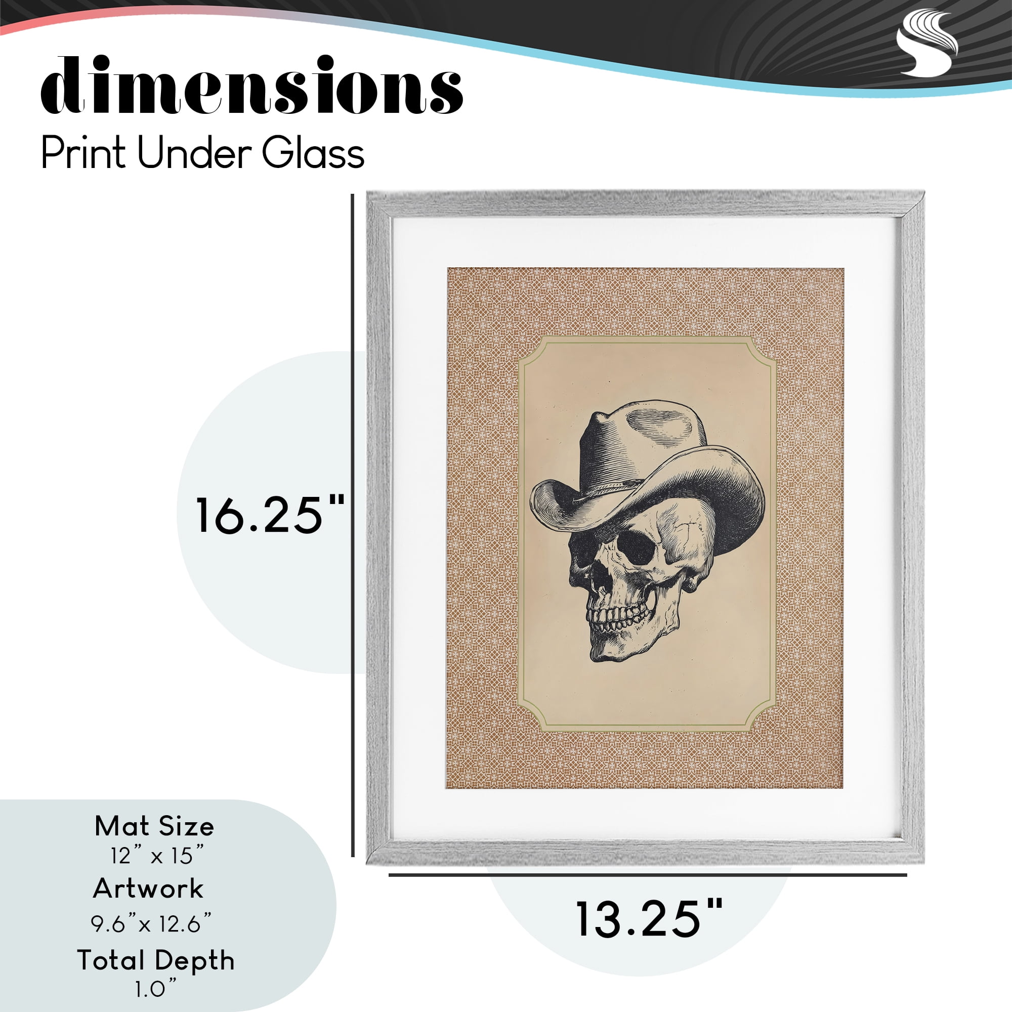 Vintage Cowboy Skull Gray Framed Print Under Glass, design by Arlington Prints