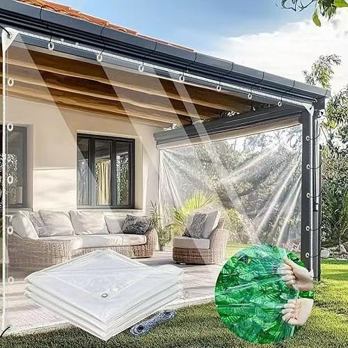 EQWLJWE Clear Waterproof Tarp for Patio,Clear Tarp Waterproof with Grommets,Heavy Duty Pvc Vinyl Tarps Cover,Transparent Tarpaulin Large for Outdoor/Camping/Plant/Garden/Chicken Coop/Cat Litter