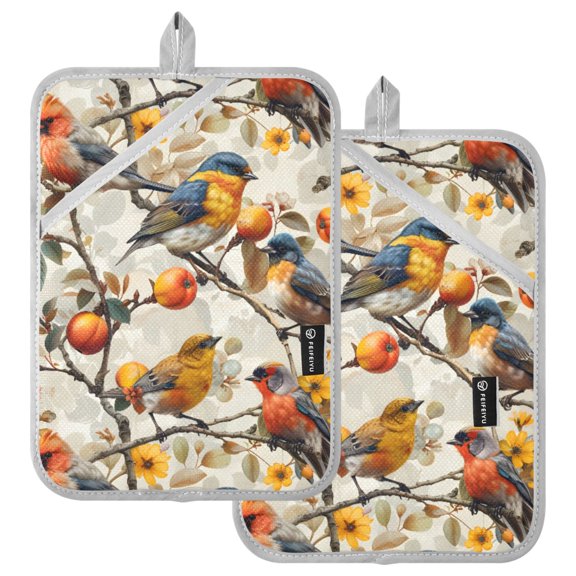 Ryvnso Bird on Branch Floral Pattern Oven Mitts Heat Resistant Pot Holders Set of 2 Hot Pads