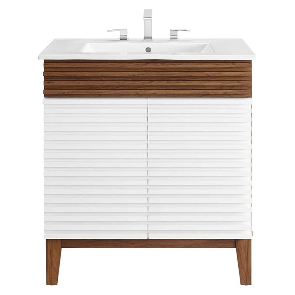 Modway Render 30" Particleboard Bathroom Vanity Cabinet in White/Walnut