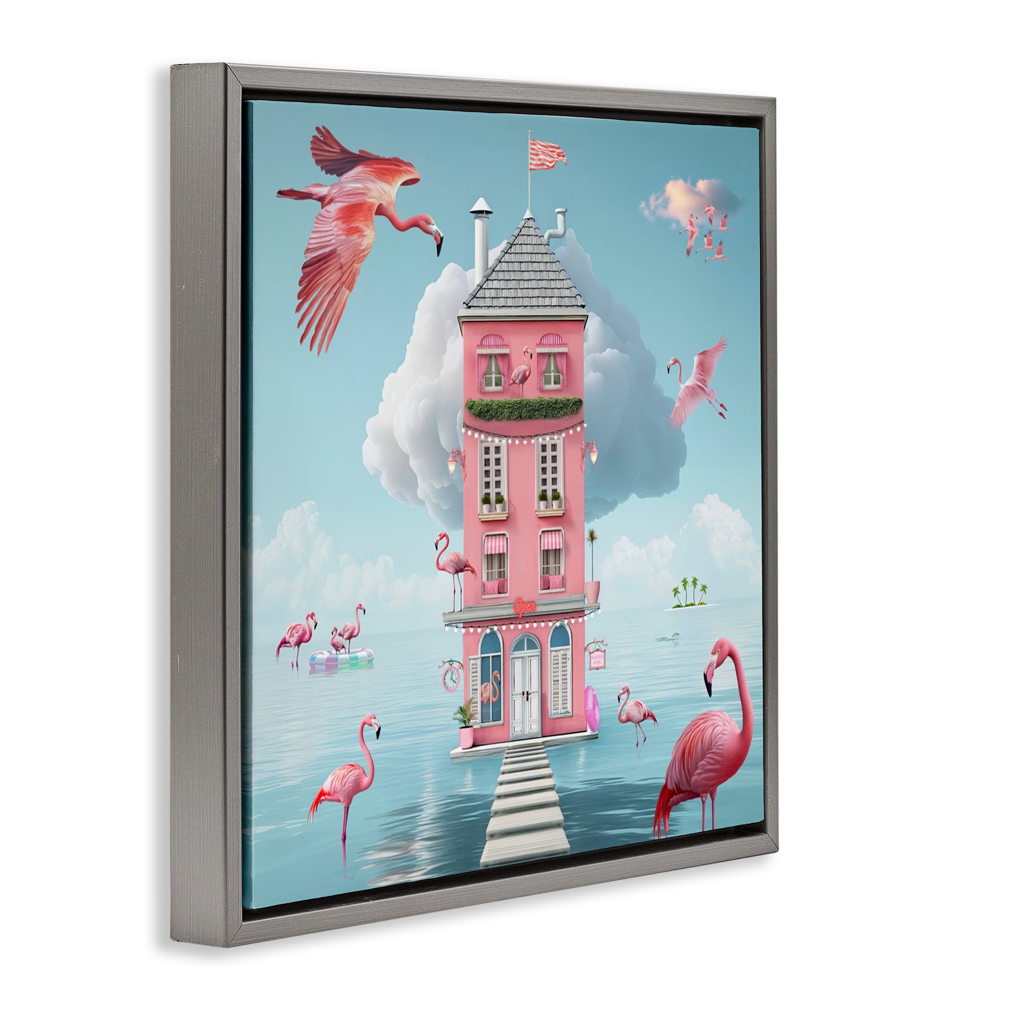 Flamingo Hotel on Water Gray Framed Floater Canvas Wall Art, design by Lori Lea Studios