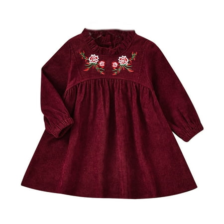 

New Summer Girls Dresses Toddler Kids Girls Fashionable Lace Collar Flower Embroidery Long Sleeves Corduroy Princess Dress