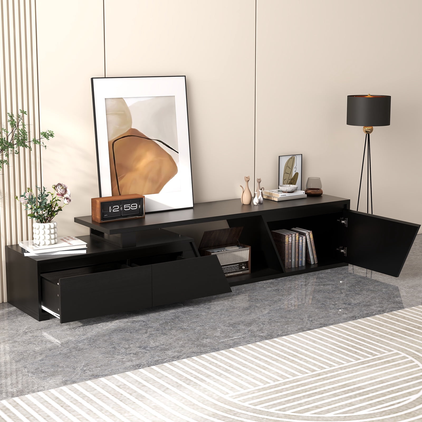 JOIVI Extendable LED TV Stand, Modern Entertainment Center with 2 Drawers, Sliding Tabletop Media Console with Storage Cabinet for Living Room, 63.0" - 90.5", Black