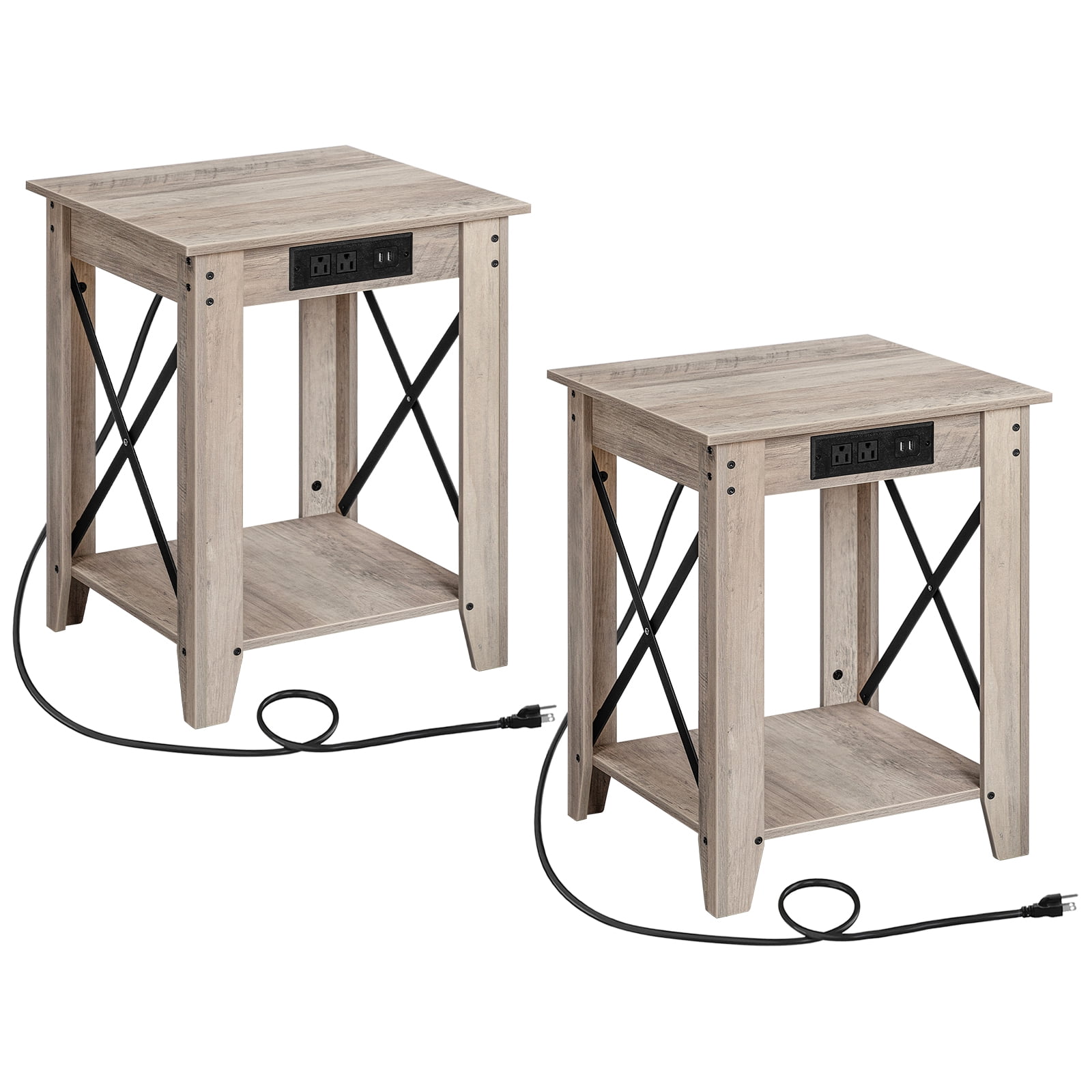 HOOBRO Set of 2 Industrial End Table with USB Ports with Storage