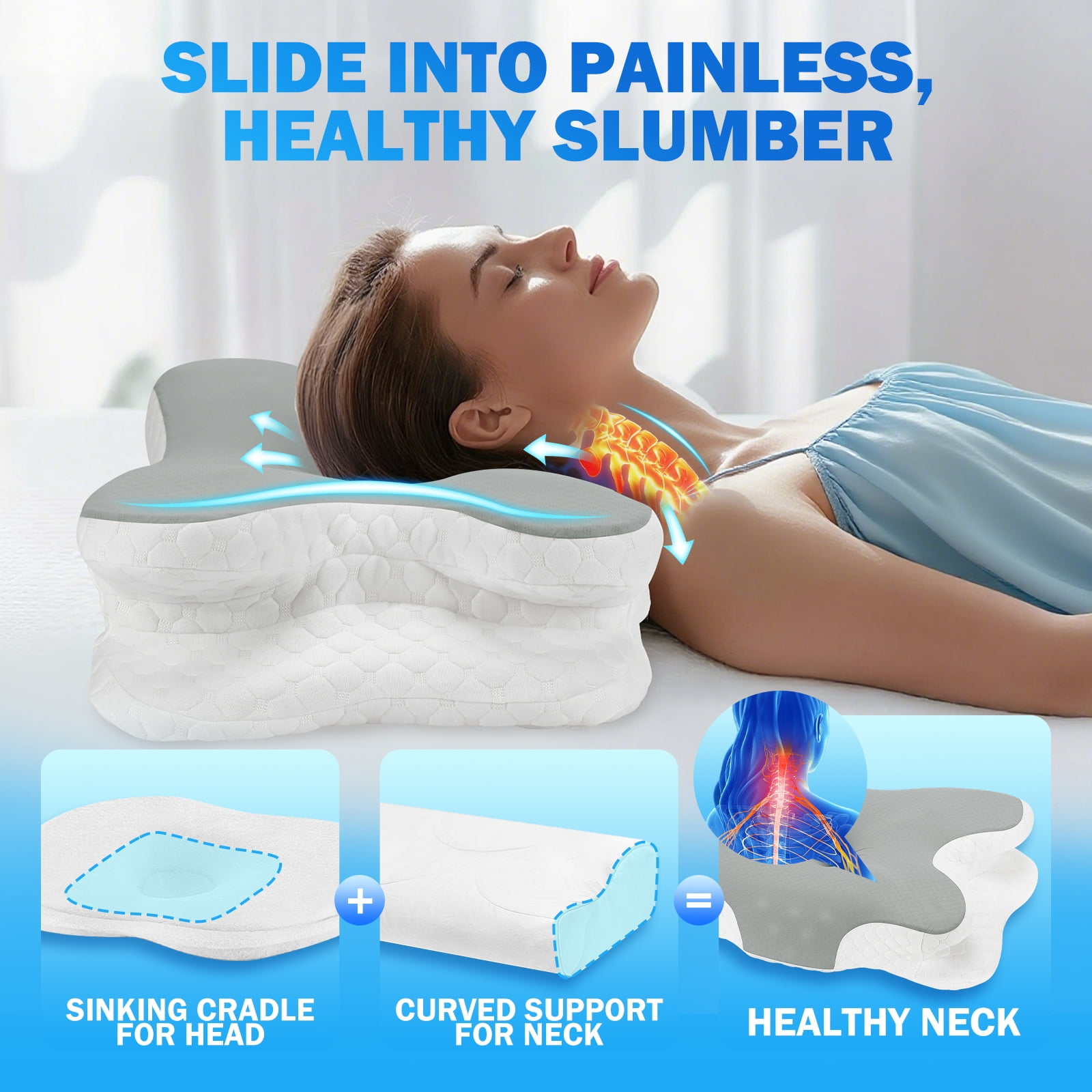 Cervical Memory Foam Pillow for Neck Pain Relief, Ergonomic Orthopedic Cooling Bed Pillow with Breathable Pillowcase, Ideal for Side, Back and Stomach Sleepers, Gray