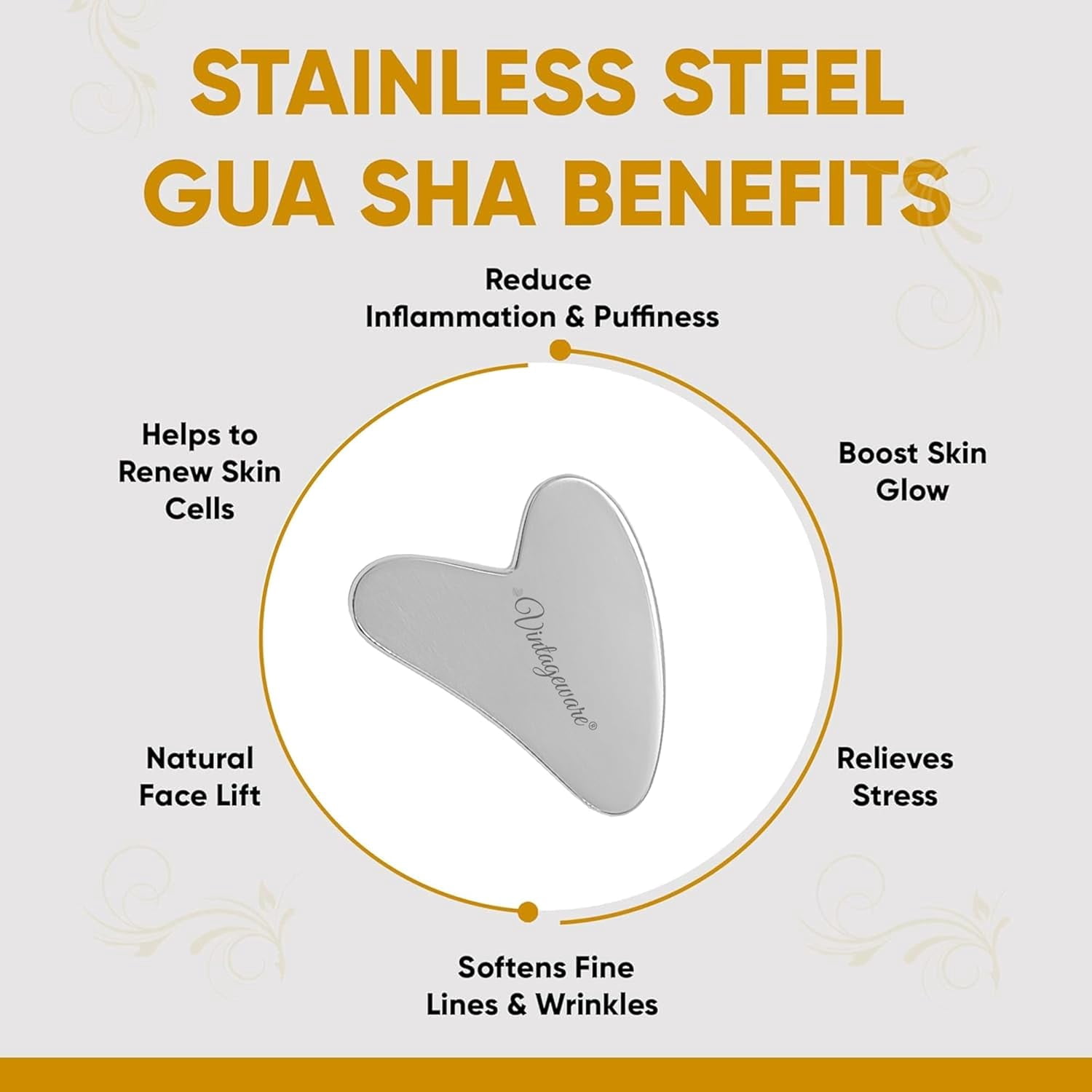Vintageware® Stainless Steel Roller for Face-Natural Steel Gua Sha Massage Tool Massage Scraping Tool Muscle Pain Relief, Stress Release and Breaking Tissue (Face Roller With Heart Shape Gua sha)