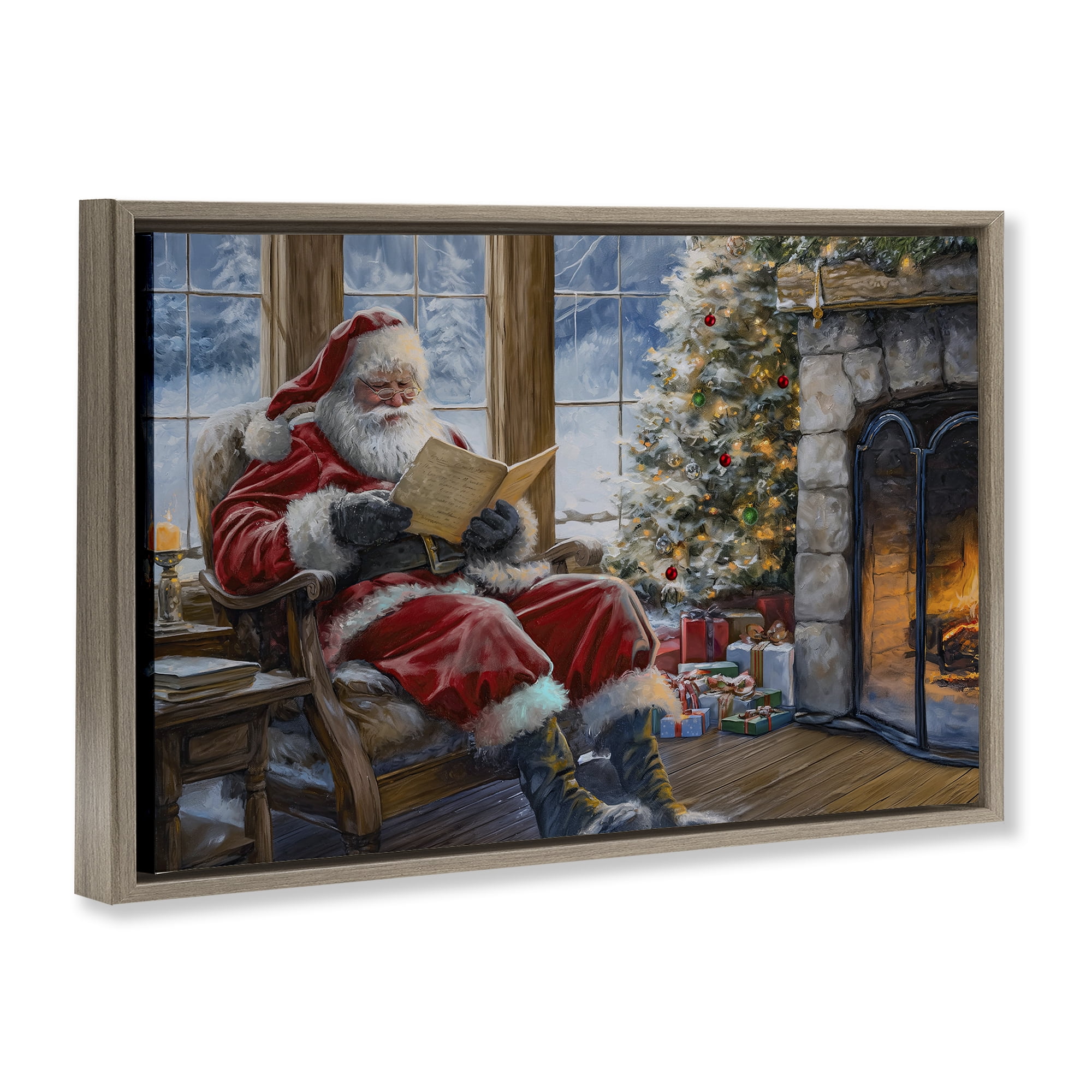 Stupell Industries Santa Reading by Fire Holiday Painting Brown Floater Framed Canvas Art Prints Wall Art, 31 x 21