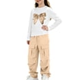 thumbnail image 4 of Iyufng 2 Piece Outfits for Girls Bow Printed Long Sleeve T-Shirt and Cargo Pants, Girls Summer Casual Two Piece Sets, Size 5-15 Years, 4 of 7