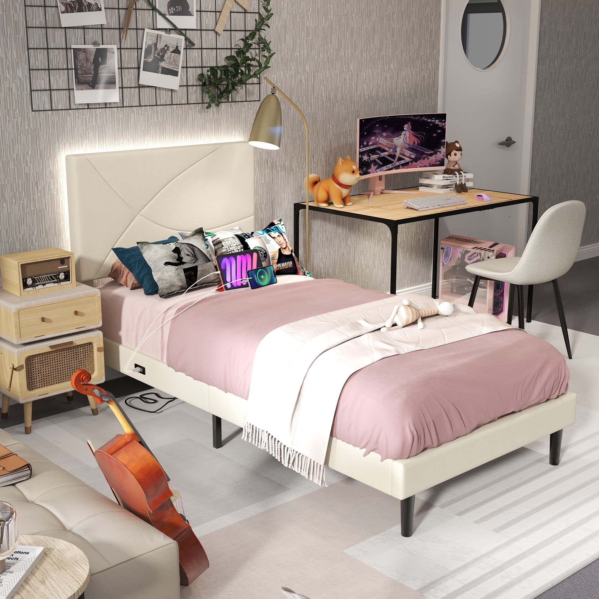 Homy Casa Twin Upholstered Bed with LED Light, USB Ports and Padded Headboard for Kids Bedroom, Beige
