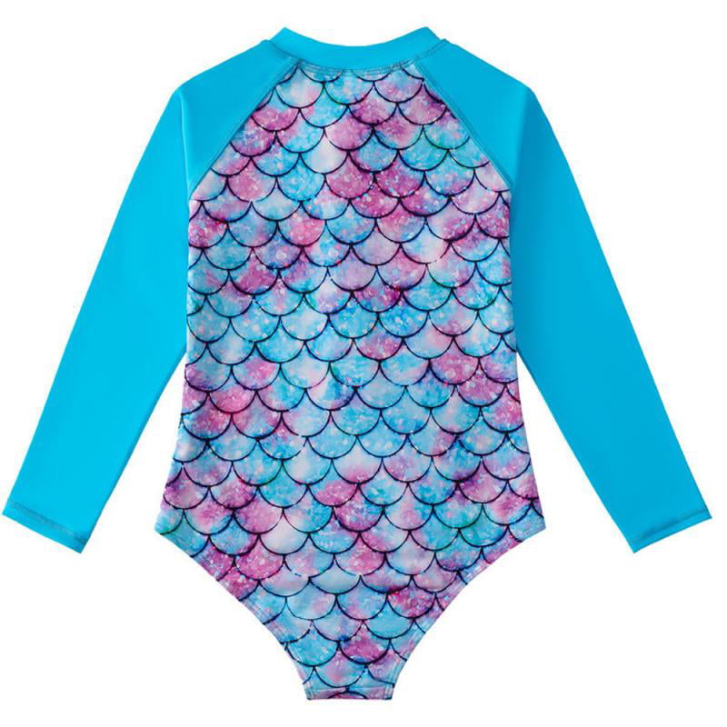 Swim Shirts 3-16 Years Girls Mermaid Swimsuits Long Sleeve Rash Guard Kids One Piece Bathing Suit UPF 50 