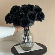 Blukids 1pcs Black and White Red Roses Artificial Flowers with Stems, Faux Silk Flowers Bridal Gothic Wedding Bouquet, Realistic Blossom Flora for Home, Office, Hotel Decorations(Black)