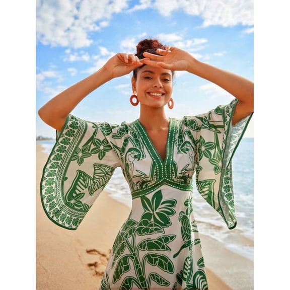 Green Tropical Print V-Neck Midi Dress, Relaxed Fit Beach Cover-Up, Casual Summer Outfit