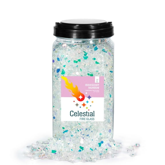 Celestial Fire Glass High Luster, 1/4" Tempered Fire Glass in Iridescent Rainbow | 10 Pound Jar