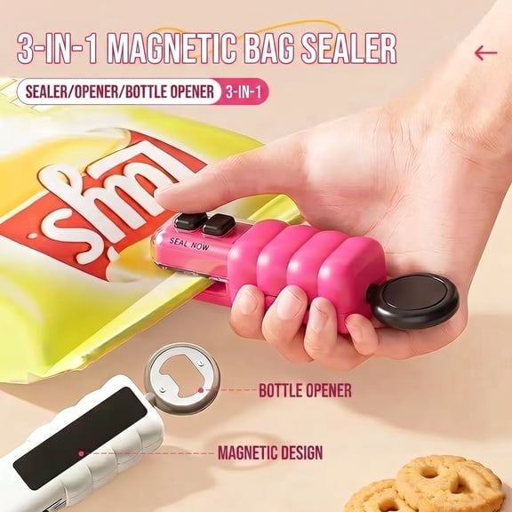 Magnetic Mini Bag Sealer 4-in-1, Type-C Rechargeable Heat Sealer with Cutter & Bottle Opener for Snack Food Storage Pink