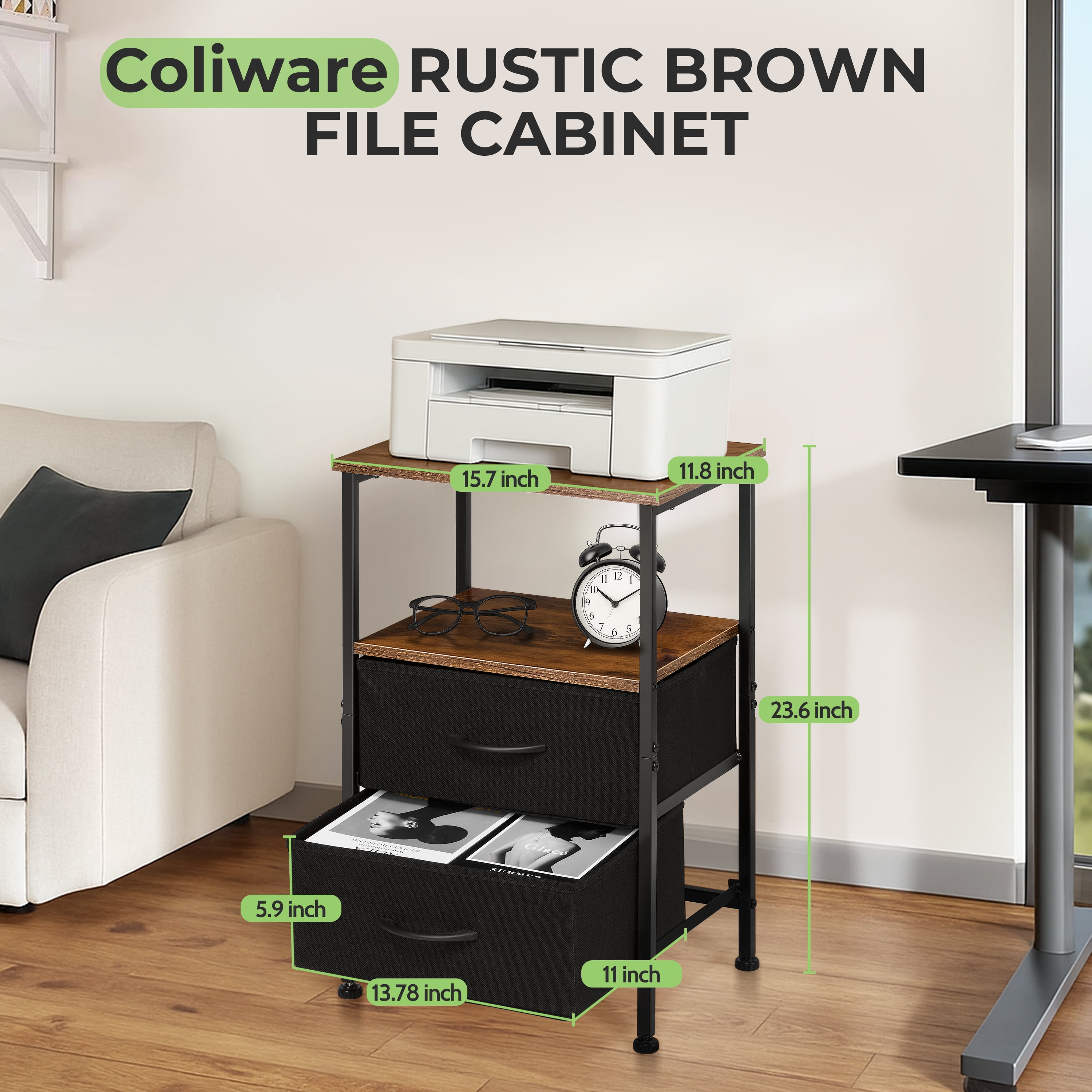 Coliware File Cabinet, Modern Wood Filing Organizer Table with Drawer, Desk Cabinet Fits A4 Letter Size, Home Office Furniture for Under Desk Storage, Rustic Brown Printer Stand Table