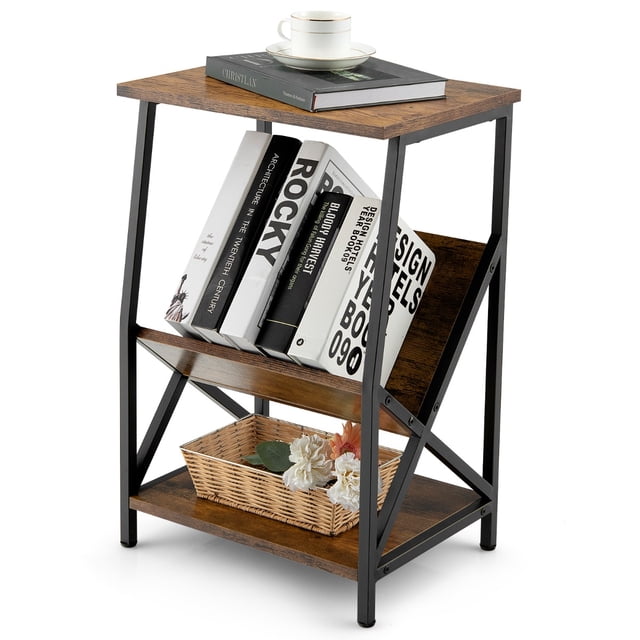 Mesa Auxiliar de 3 Niveles Costway con Estante en Forma de V Marrón Rústico 40 x 30 x 61 cm