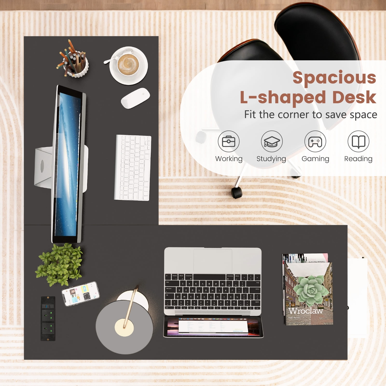 Giantex L Shaped Desk, Corner Gaming Desk w/Storage Shelves, Industrial Writing Desk Workstation, Black