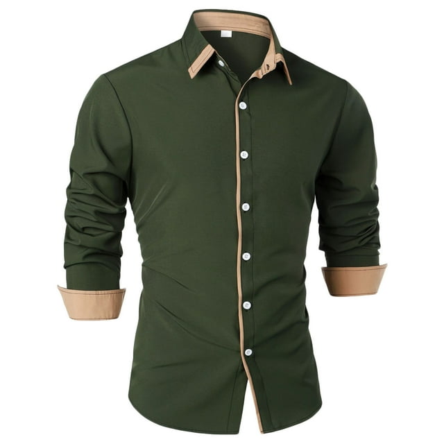 Penkiiy Chemise Habillée Décontractée pour Homme à Manches Longues Extensible Sans Plis Coupe Régulière à Boutons L Vert Armée