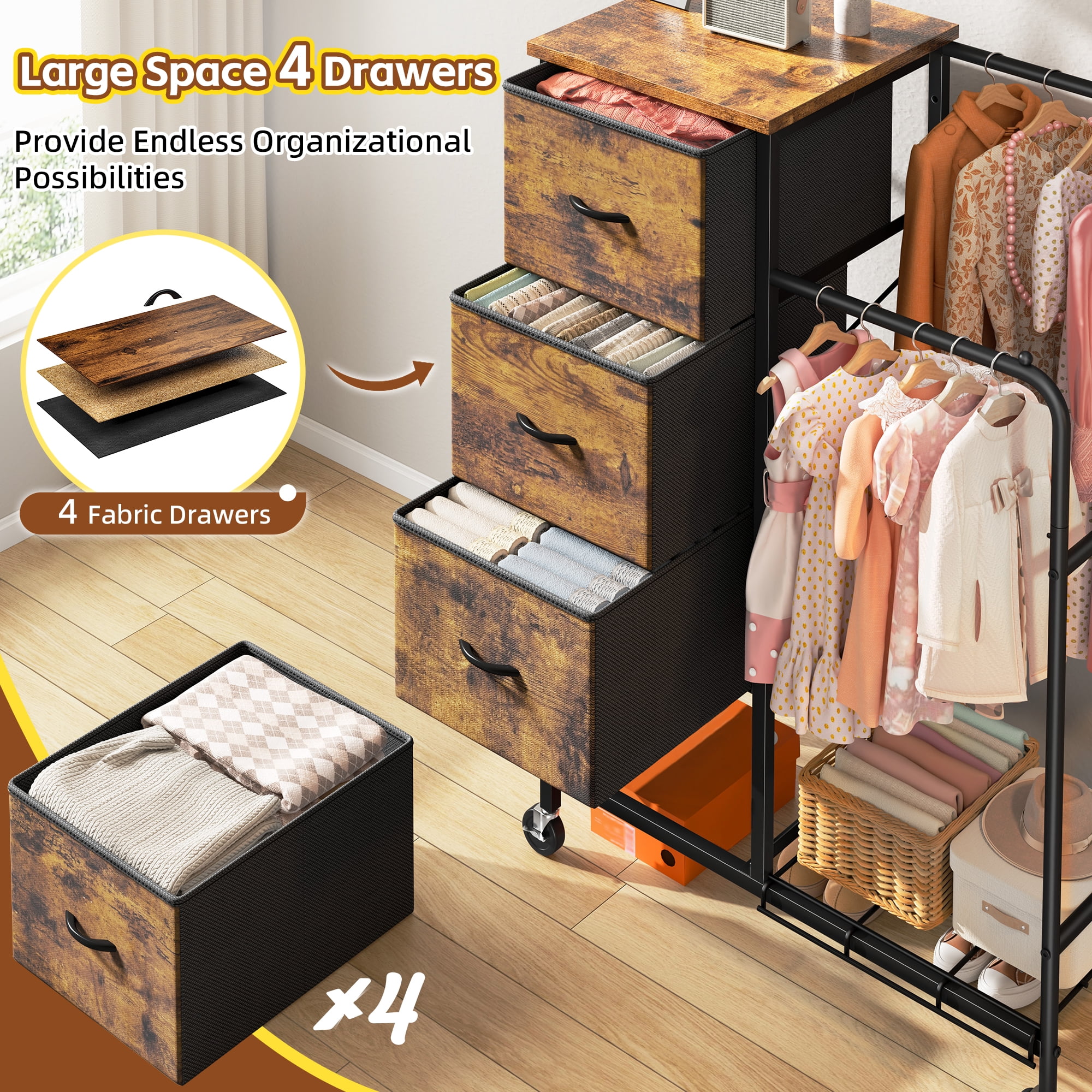EnHomee Fabric Dresser with 2 Hanging Racks Small Dresser with 4 Drawers for bedroom Small Closet with Clothes Rack, Rustic Brown