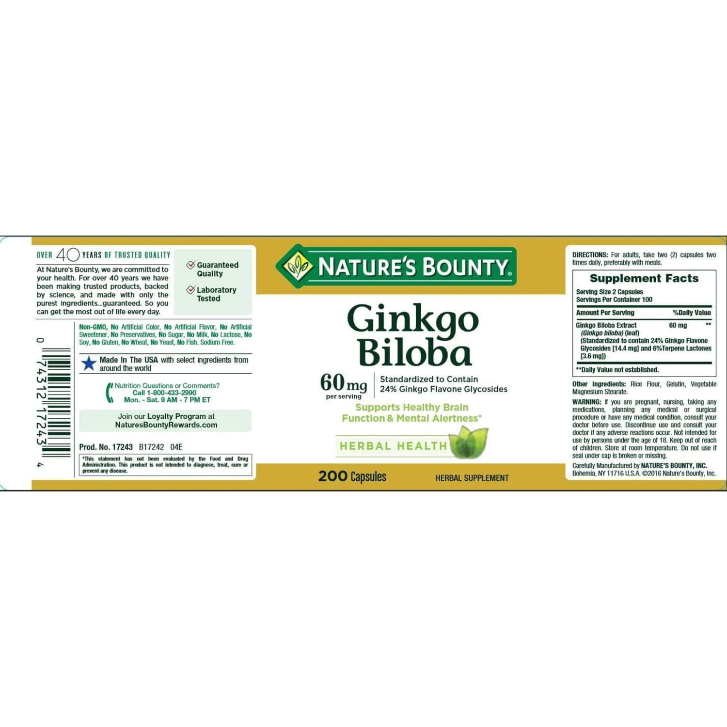 Nature's Bounty Ginkgo Biloba Capsules, 60 Mg, 200 Ct