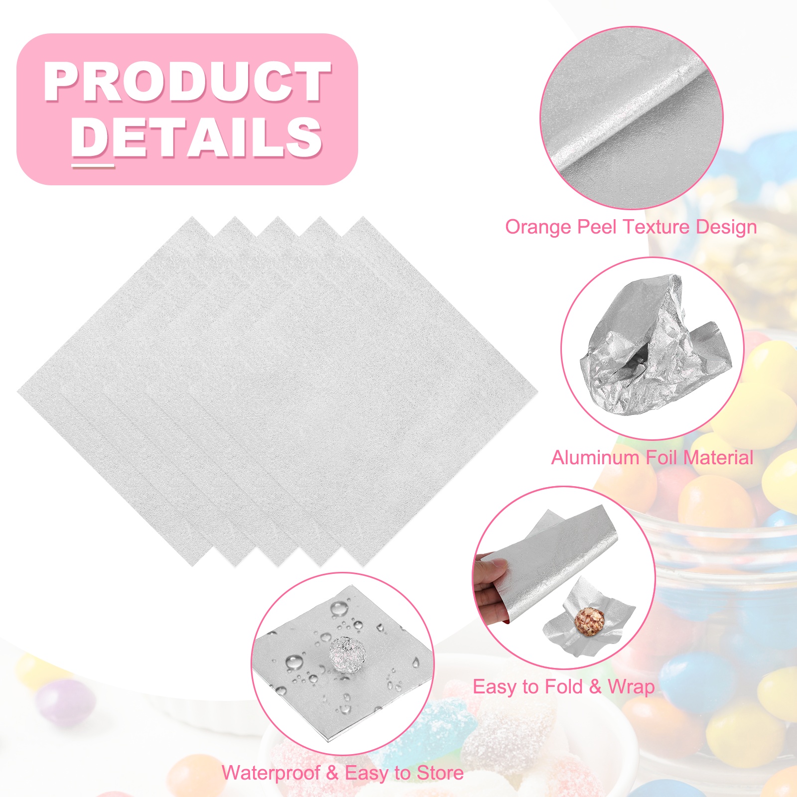 Uxcell 200 Pcs Candy Foil Wrappers, 7.87 x 7.87 Inch Aluminium Foil Chocolate Bar Square Wrappers for Tea Brownies DIY Packaging Wedding Party Decoration, Silver (Orange Peel)