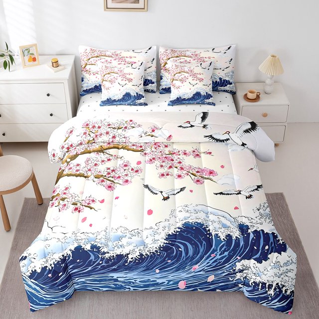 Erosebridal Ensemble de Literie Vintage à Vagues Océaniques, Format Grand Lit, Ensemble de Lit Marin Japonais, Décor de Fleurs Roses, Réversible 7 Pcs