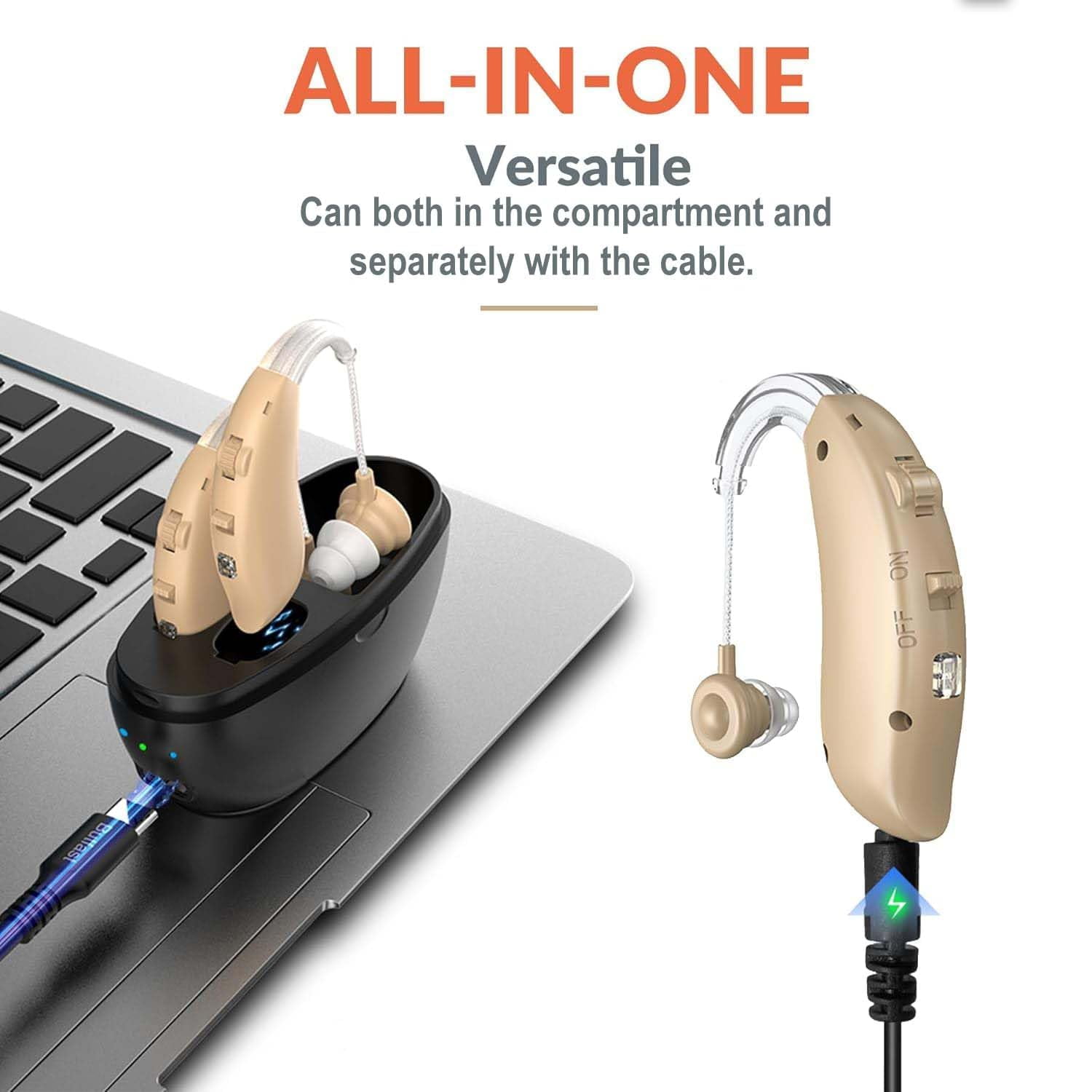 MEDca Rechargeable Hearing Amplifiers for Seniors - Behind-the-Ear Hearing Aid Pair with Intelligent Noise Cancellation, Four Modes, Volume Control, and Charging Case