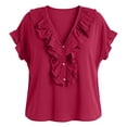 thumbnail image 4 of Craaazy Women Plus Size Tops Loose Fit Solid Color V Neck Ruffle Placket Short Sleeve Cotton T Shirts for Daily Wear Gift, 4 of 9