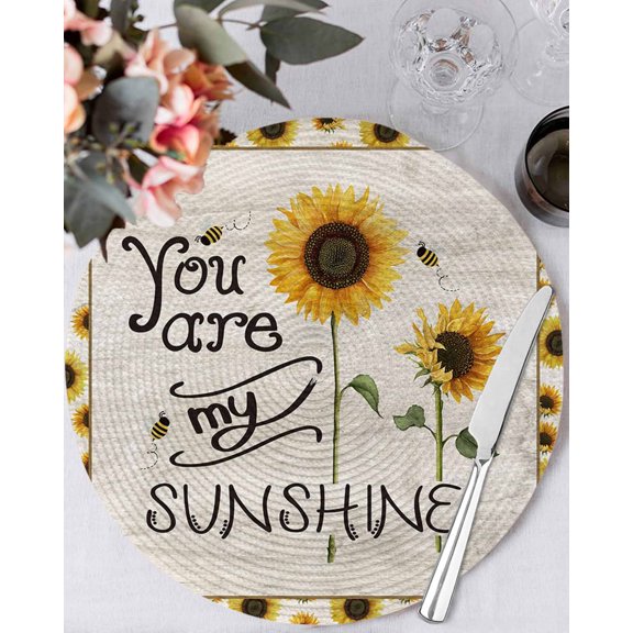 15 Inch Round Placemats Set of 4, Sunflowers Non Slip Heat Insulation PP Table Mats, Vintage Bee You Are My Sunshine Retro Washable Place Mats for Kitchen Dining Party Table Decor