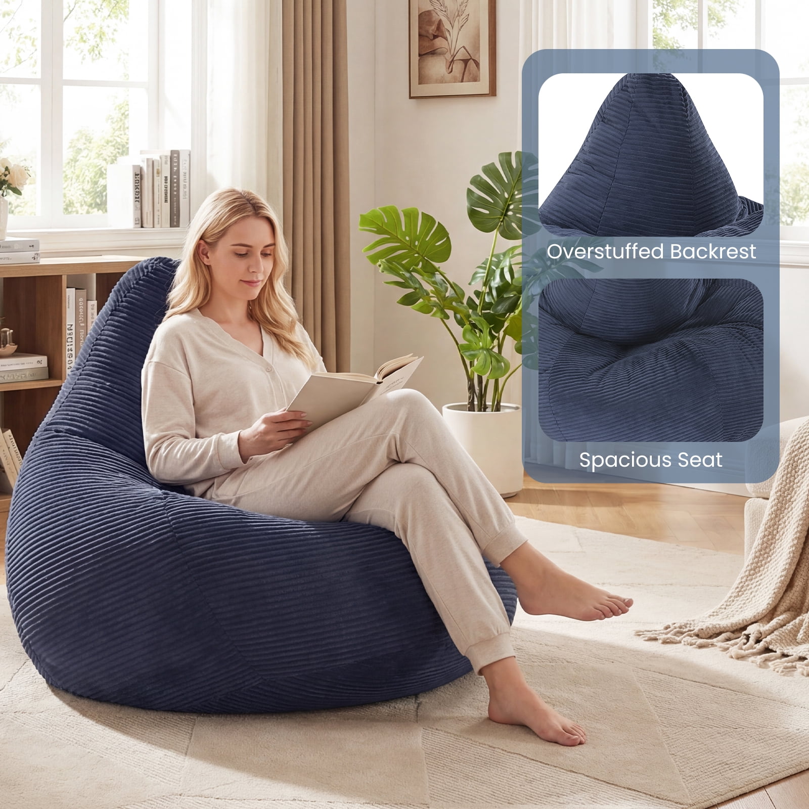 Costway Bean Bag Chair for Adults with Skin-friendly Corduroy Cover & Soft Sponge Filling Blue