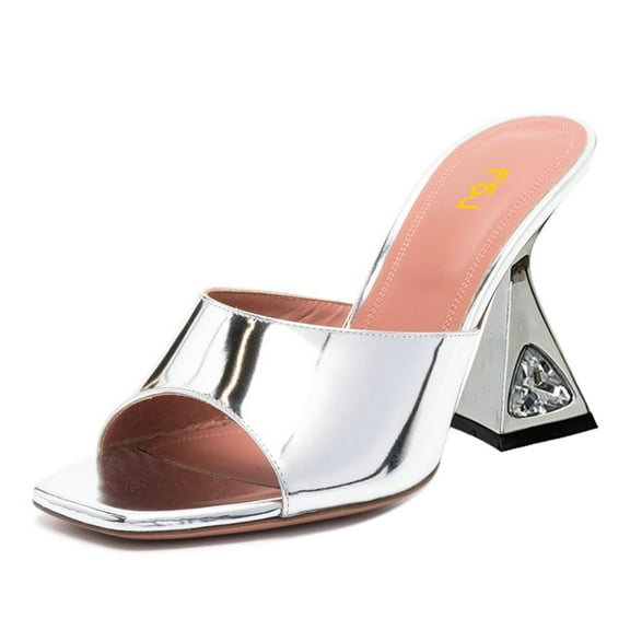 FSJ Women Fashion Square Open Toe Mules Slip On Crystal Flared Heel Sildes Sandals Backless Wedding Dressy Slipper Shoes Size 8 Silver