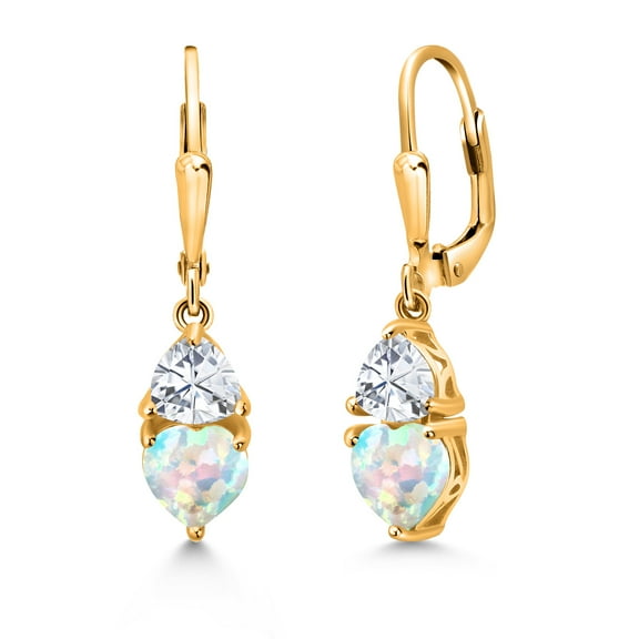 Gem Stone King 18K Yellow Gold Plated Silver Simulated White Opal and  White Moissanite Dangle Leverback Earrings for Women (2.44 Cttw, Gemstone October Birthstone, Heart Shape 6MM, Trillion 5MM)