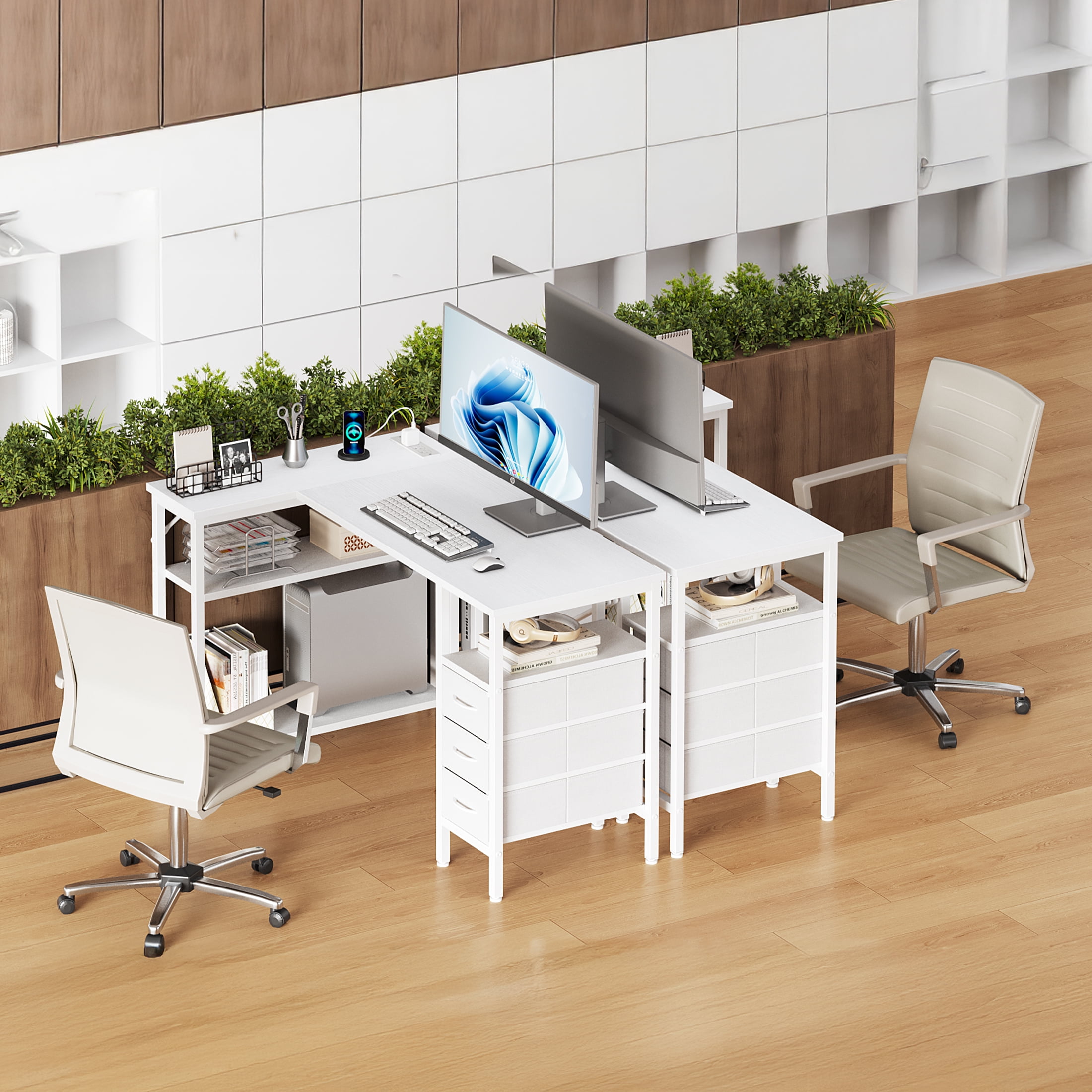 edx 47 Inch L Shaped Desk with Power Outlets, Computer Desk with 3 Drawers, Shelves, Monitor Stand, Corner Work, White