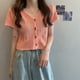 thumbnail image 5 of Camiseta de manga corta con escote en V y botones para mujer: top de punto rosa, talla única (se adapta a entre 39 y 60 kg) Summer Chic, 5 of 8