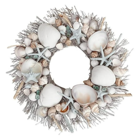 Seashell Wreath 20 Inch - Coastal Summer Decor - Natural Preserved Shells - Blue & Beige - Spring Front Door Wreath - Beach House Decor