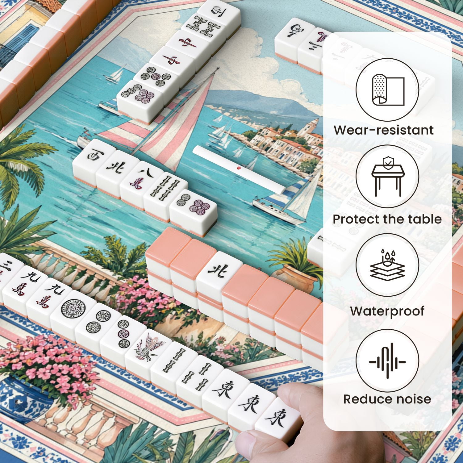 Mahjong Mat 31.5" x 31.5" Mediterranean Coastal Village Sailboats Palm Trees Colorful Villas Non-Slip Noise Reduction Mahjong Tiles Table Cover for Dominoes Poker Card Board and Tile Games