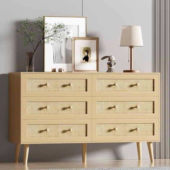 FANRAL Dresser for Bedroom with 6 Drawer,Boho Natural Rattan Chest of Dressers,Wood Dresser for Bedroom,Natural Oak Dresser