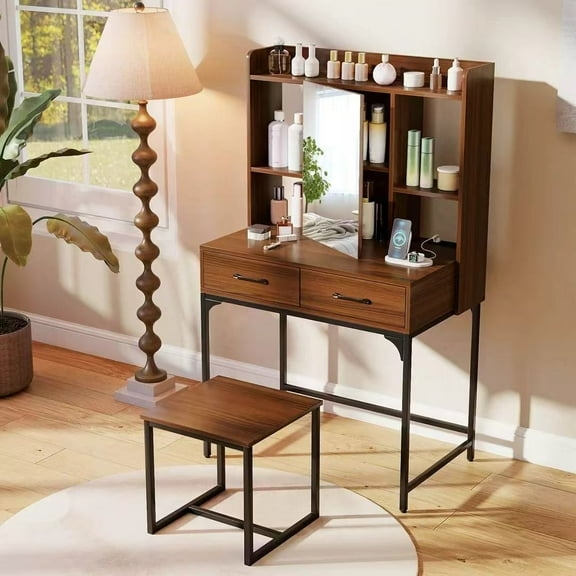 Harmijoy Vanity Set with Mirror Cabinet Modern Makeup Vanity Table with Stool 2 Drawers