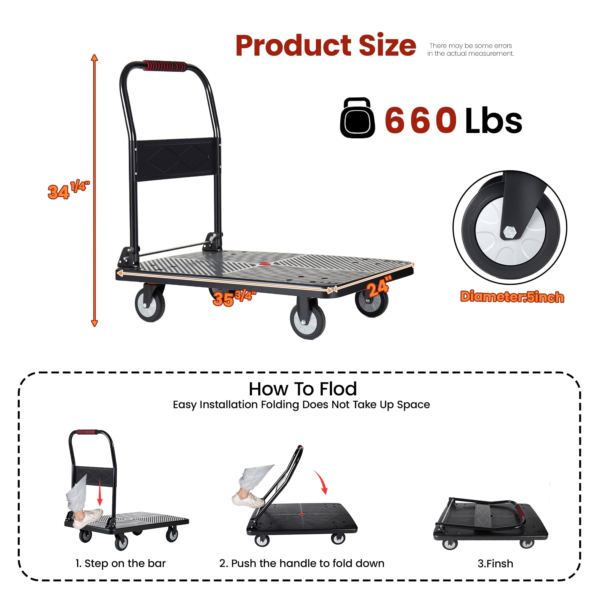 Foldable Platform Truck Dolly, 660lbs Heavy‑Duty Push Handcart with 360° Silent Swivel Wheels & 4 Steel Load‑Bearing Beams for Warehouse Garage Home Moving