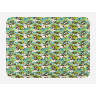Botanical Bath Mat, Abstract Exotic Leaves Floral Art Grunge Print Illustration, Plush Bathroom Decor Mat with Non Slip Backing, 29.5" X 17.5", Seafoam Apple Green, by Ambesonne