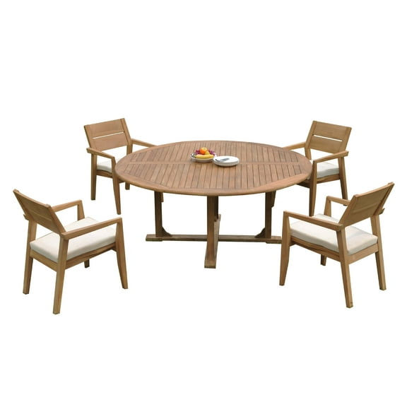 Grade-A Teak Dining Set: 4 Seater 5 Pc: 72" Round Table And 4 Vellore Stacking Arm Chairs Outdoor Patio WholesaleTeak #51VL1705