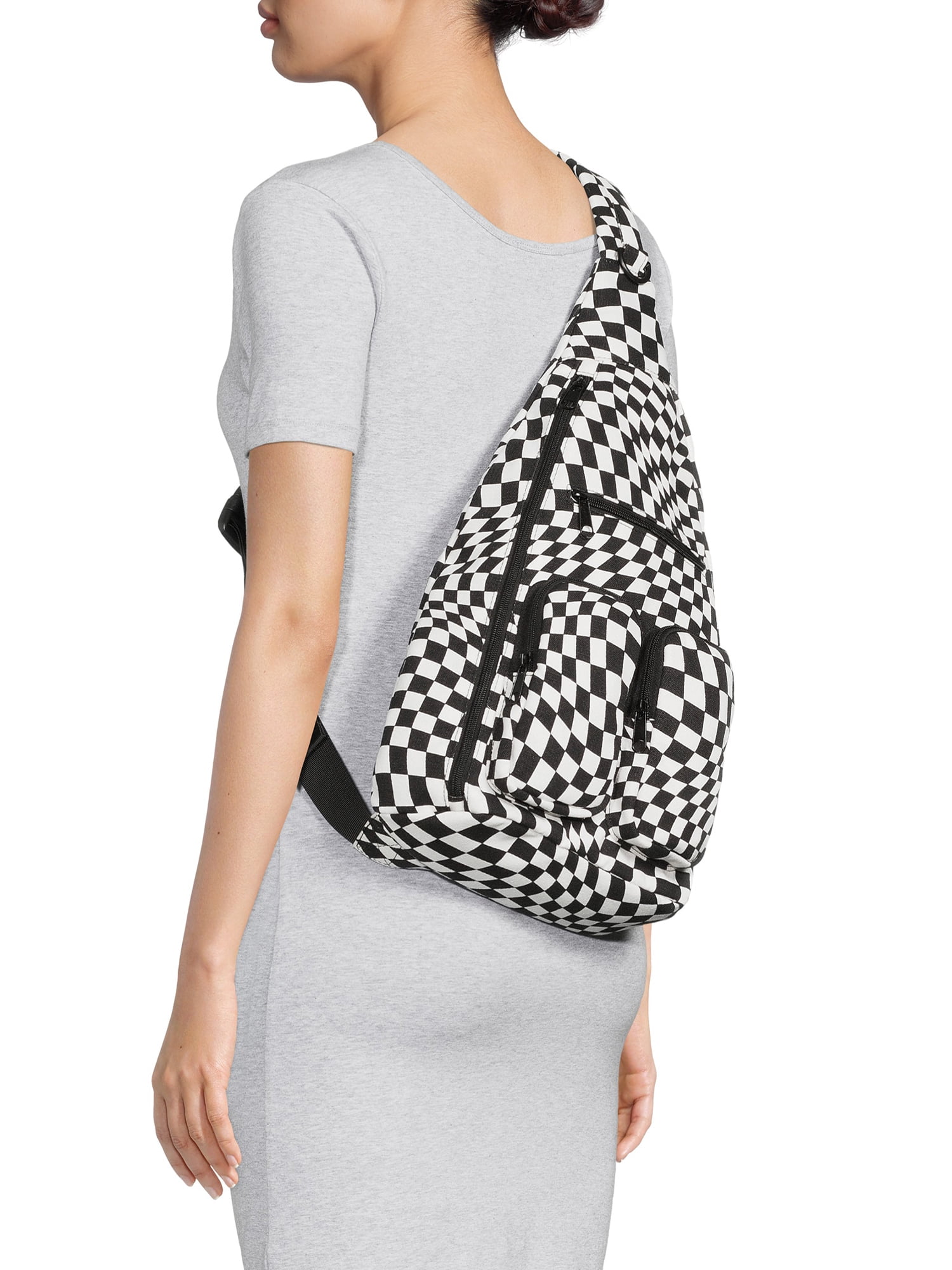No Boundaries Women’s Hands Free Cargo Sling Bag Black White Checker Print